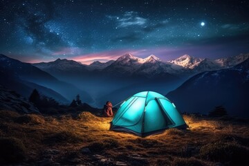 Person camping in a tent under a starry night with snow mountains