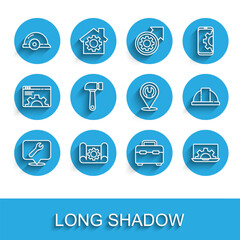 Set line Location with wrench spanner, Graphing paper and gear, Worker safety helmet, Toolbox, Laptop, Hammer, and icon. Vector