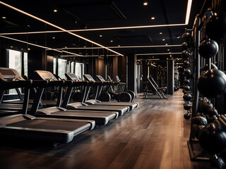 Contemporary black gym design with chic furniture. AI Generation.
