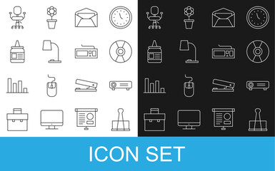 Set line Binder clip, Movie, film, media projector, CD DVD disk, Envelope, Table lamp, Glue, Office chair and Keyboard icon. Vector
