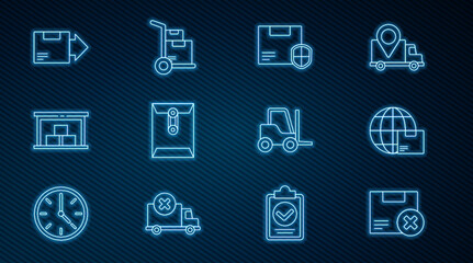 Set line Carton cardboard box and delete, Worldwide shipping, Delivery security with shield, Envelope, Warehouse, Forklift truck and Hand boxes icon. Vector