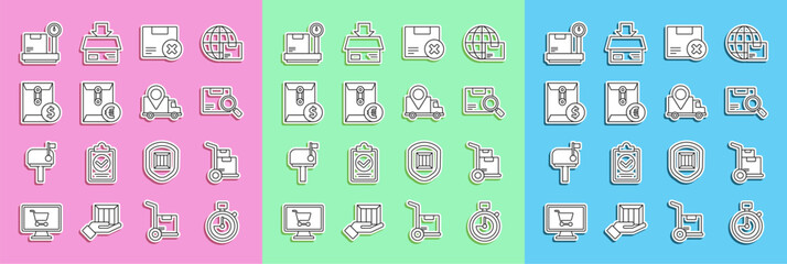 Set line Stopwatch, Hand truck and boxes, Search package, Carton cardboard delete, Envelope with euro symbol, dollar, Scale and Delivery tracking icon. Vector