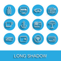 Set line Airline ticket, Wallet, Suitcase, Wi-Fi wireless internet network, Credit card, Anchor, Sun protective umbrella for beach and Action extreme camera icon. Vector