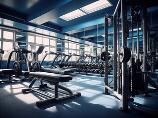 Fototapeta premium Vibrant blue gym interior, stylish and inviting. AI Generation.