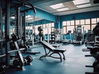 Fototapeta na wymiar Blue gym featuring contemporary furniture. AI Generation.