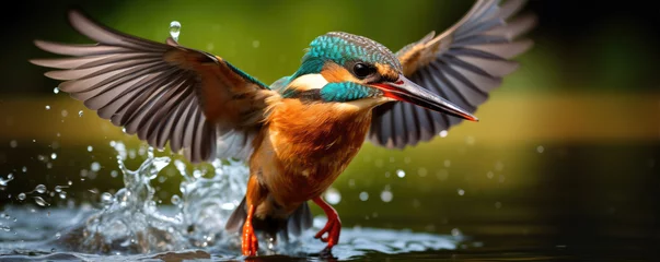 Zelfklevend Fotobehang Kingfisher catching fish. Small bird king fisher in fly. © Alena