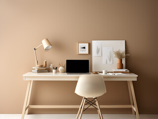 Serene beige home office with tasteful furniture. AI Generation.