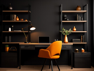 A sleek black home office with modern furniture. AI Generation.