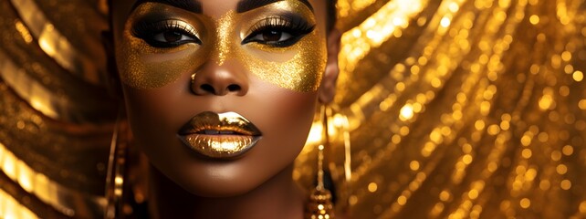 Fashion art beauty portrait of an african girl with golden makeup
