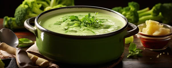 Poster Fresh green vegetable soup. Dense cream meal. © Alena