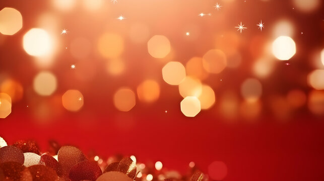 Abstract red christmas background with red christmas baubles and decorations, bokeh and sparkles