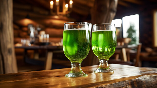 St. Patrick's day, green beer traditional drink in an Irish pub