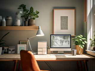 Minimalist home office with ergonomic furniture. AI Generation.