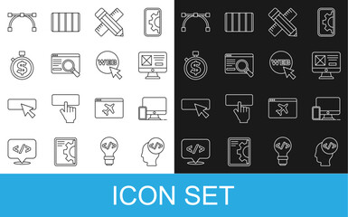 Set line Front end development, Monitor and mobile, UI UX design, Crossed ruler pencil, Time is money, Bezier curve and Web graphic icon. Vector