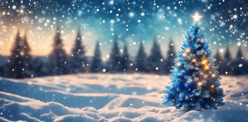 Christmas tree against a sparkly luminous background. Christmas tree with snow at night and copy space, holiday and celebration