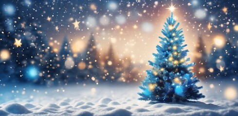 Christmas tree against a sparkly luminous background. Christmas tree with snow at night and copy space, holiday and celebration