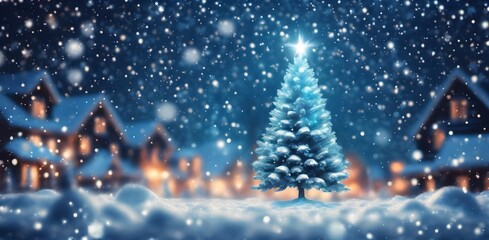 Christmas tree against a sparkly luminous background. Christmas tree with snow at night and copy space, holiday and celebration