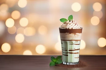 Tuinposter Peppermint mocha - mint mocha - a classic combination of chocolate, mint and coffee. Against a background of glare and blurry lights. © Мария Фадеева
