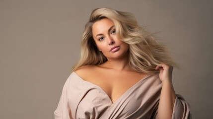 Naklejka premium Excited luxury plus size woman in front of a studio background