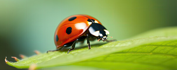 Ladybug maro shot on green leaf. Ledybird detail in natural habitat.