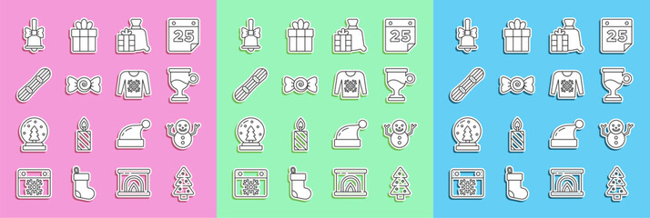 Set line Christmas tree, snowman, Mulled wine, Santa Claus bag gift, Candy, Snowboard, Merry ringing bell and sweater icon. Vector