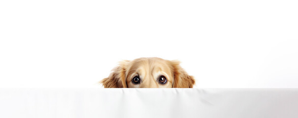 Golden retriever dog peeks behind a white poster on a white background. Free space for product placement or advertising text. - obrazy, fototapety, plakaty