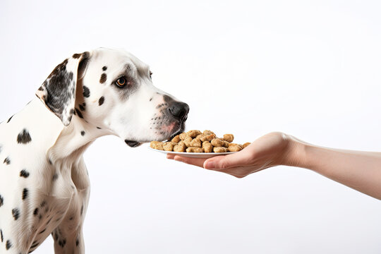 A hand gives a plate of treats or pet food to a Dalmatian dog on a white background.