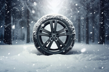 A car wheel with winter tires in a clearing of a snowy forest.
