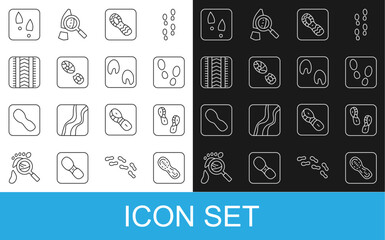 Set line Human footprints shoes, Tire track, and Horse paw icon. Vector