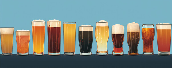 Beer glasses in various shape on white background. Wide banner - obrazy, fototapety, plakaty