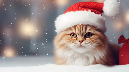 A ginger cat in a Santa Claus hat with a pompom lies on the snow with falling snowflakes in the background.