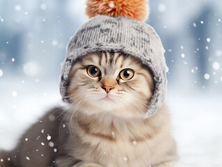 A cute gray cat in a hat with a pompom lies on the snow with falling snowflakes in the background.