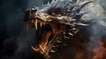 Fiery dragon head in dark scene. Digital fantasy illustration. Concept art for gaming, storytelling, or mythological themes