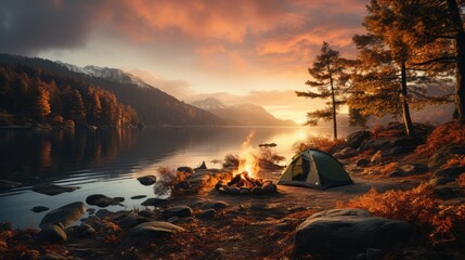 Camping area by a lake at sunset