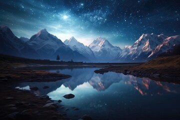 Night scape with starry sky and snowy mountains by a lake
