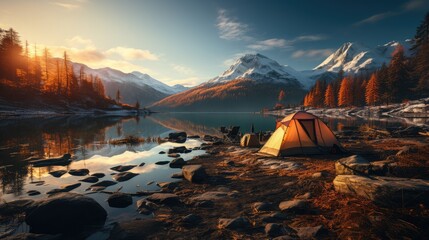 Camping area by a lake at sunset - obrazy, fototapety, plakaty