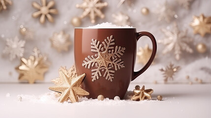 Obraz na płótnie Canvas A large cup of cocoa or latte coffee on a white table decorated with gold stars and snow.