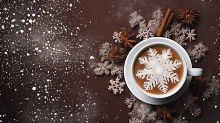 Top view of a cup of cocoa with a snowflake on the surface. Brown background decorated with spices and powdered sugar. - obrazy, fototapety, plakaty