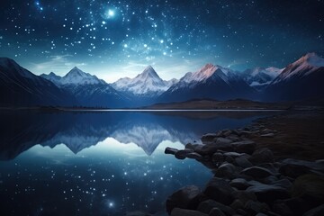 Fototapeta na wymiar Night scape with starry sky and snowy mountains by a lake