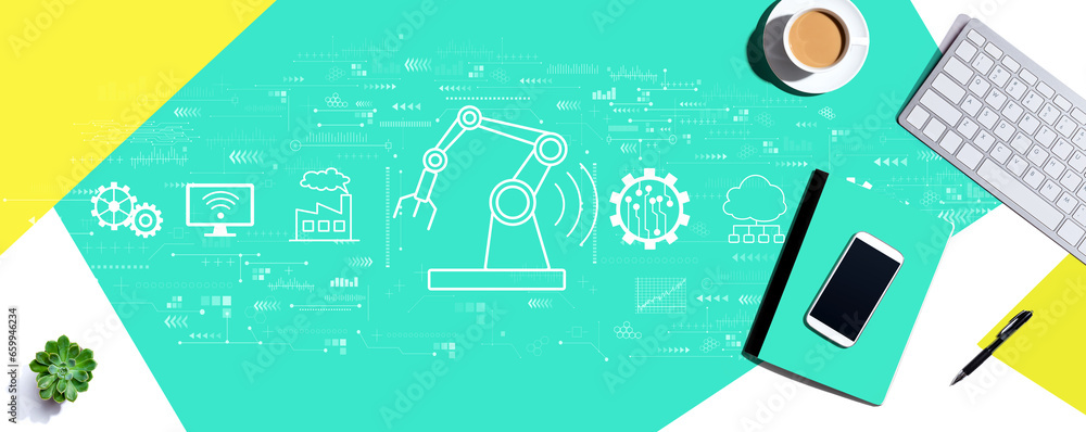 Poster smart industry concept with a computer keyboard and office items