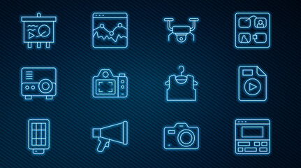 Set line Video recorder on laptop, AVI file document, Drone flying, Photo camera, Media projector, Scenario chalkboard, Sleeveless T-shirt and Music wave equalizer icon. Vector