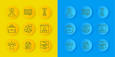 Set line Front end development, Briefcase, Worldwide, Key performance indicator, Customer product rating, Mountains with flag, Medal and Reading book icon. Vector