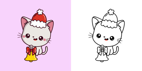 Kawaii Xmas White Cat Multicolored and Black and White. Beautiful Clip Art Christmas Kitten.