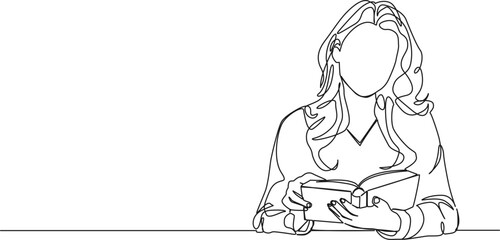continuous single line drawing of woman sitting at table reading a book, line art vector illustration