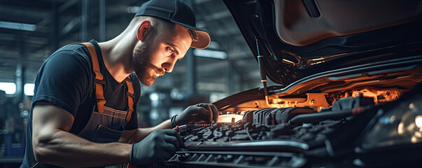 Mechanic reparing car in car service. Car repair concept. - obrazy, fototapety, plakaty