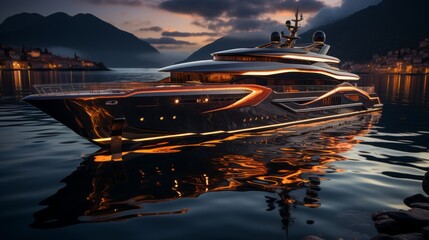 Luxury yacht moored in a picturesque bay in the evening light. A modern megayacht with a beautifully illuminated hull in the rays of the setting sun. Luxury tourism and romantic sea cruises concept.