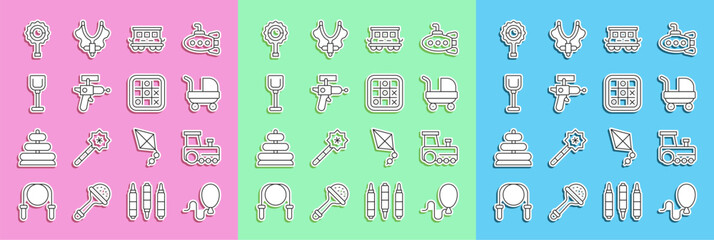 Fototapeta na wymiar Set line Balloons, Toy train, Baby stroller, Passenger cars toy, Ray gun, Shovel, Rattle baby and Tic tac toe game icon. Vector