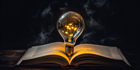 A book with a light bulb as inspiration or an idea.,Light bulb on open book with graphs of stock market education and business growth reading for inspiration and new ideas for the future,book with lig