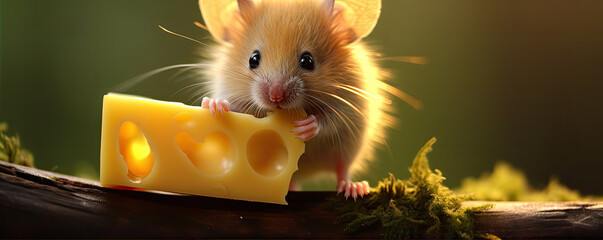 Funny mouse eating fresh piece of cheese. Mouse and cheese in backlights.