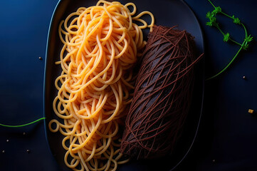 dish. wheat pasta with garnish on a black plate AI GENERATOR